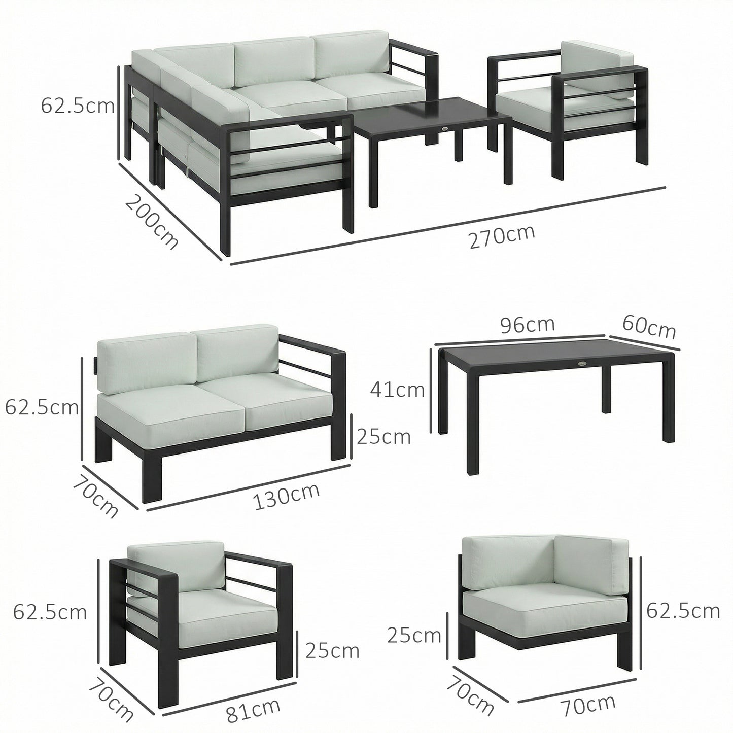 5-Piece 6-Seater Aluminium Garden Corner Sofa Set | Modular Layout | 13cm Cushions | Tempered Glass Table | 260kg | Light Grey