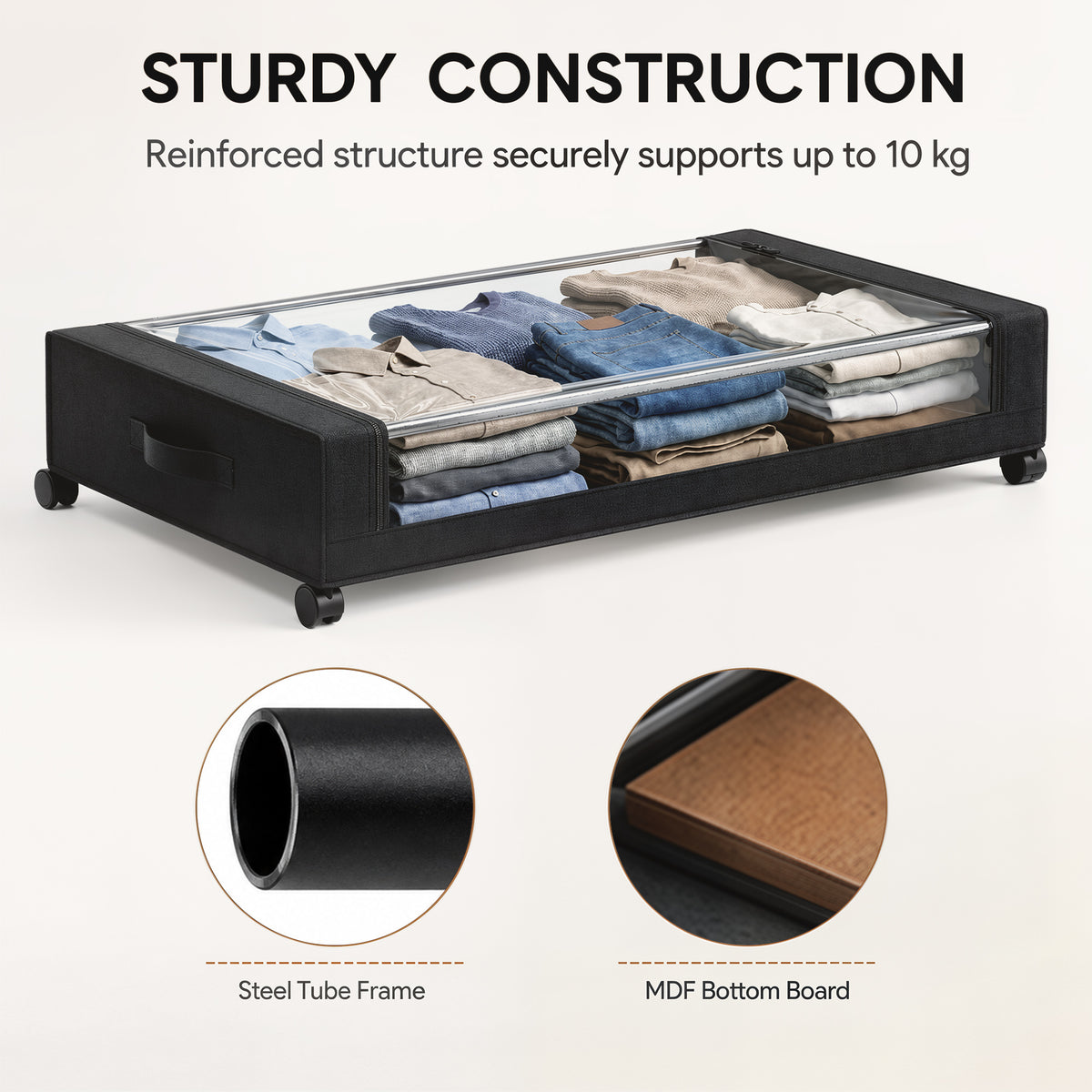 2-Pack Under-Bed Storage Boxes | 40 L Each Fabric Rolling Drawers with Clear PVC Lids & Wheels | 10 kg Load | Black