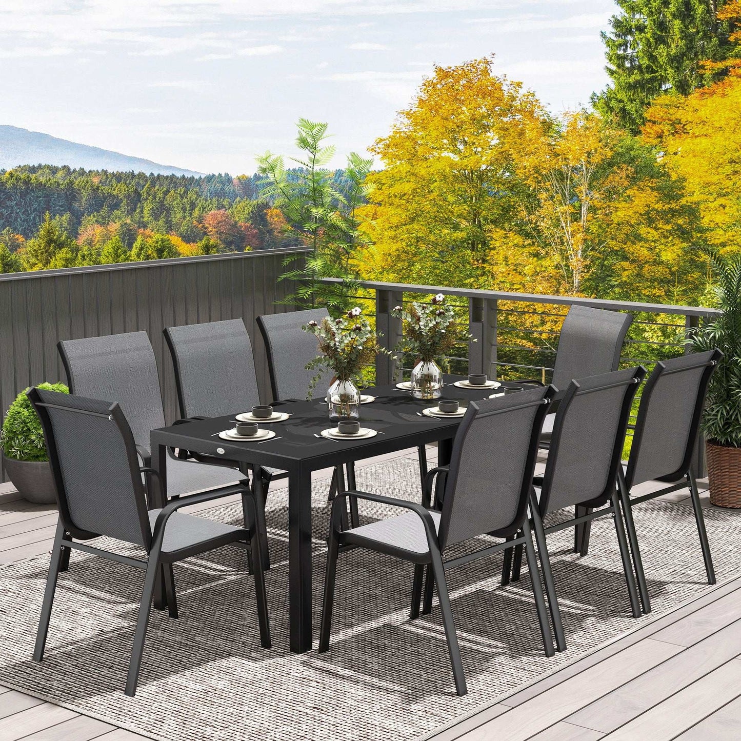 Outsunny 8 Seater Garden Dining Set with Rectangular Tempered Glass Top, Garden Furniture Set, Chairs for Patio, Balcony, Poolside, Dark Grey