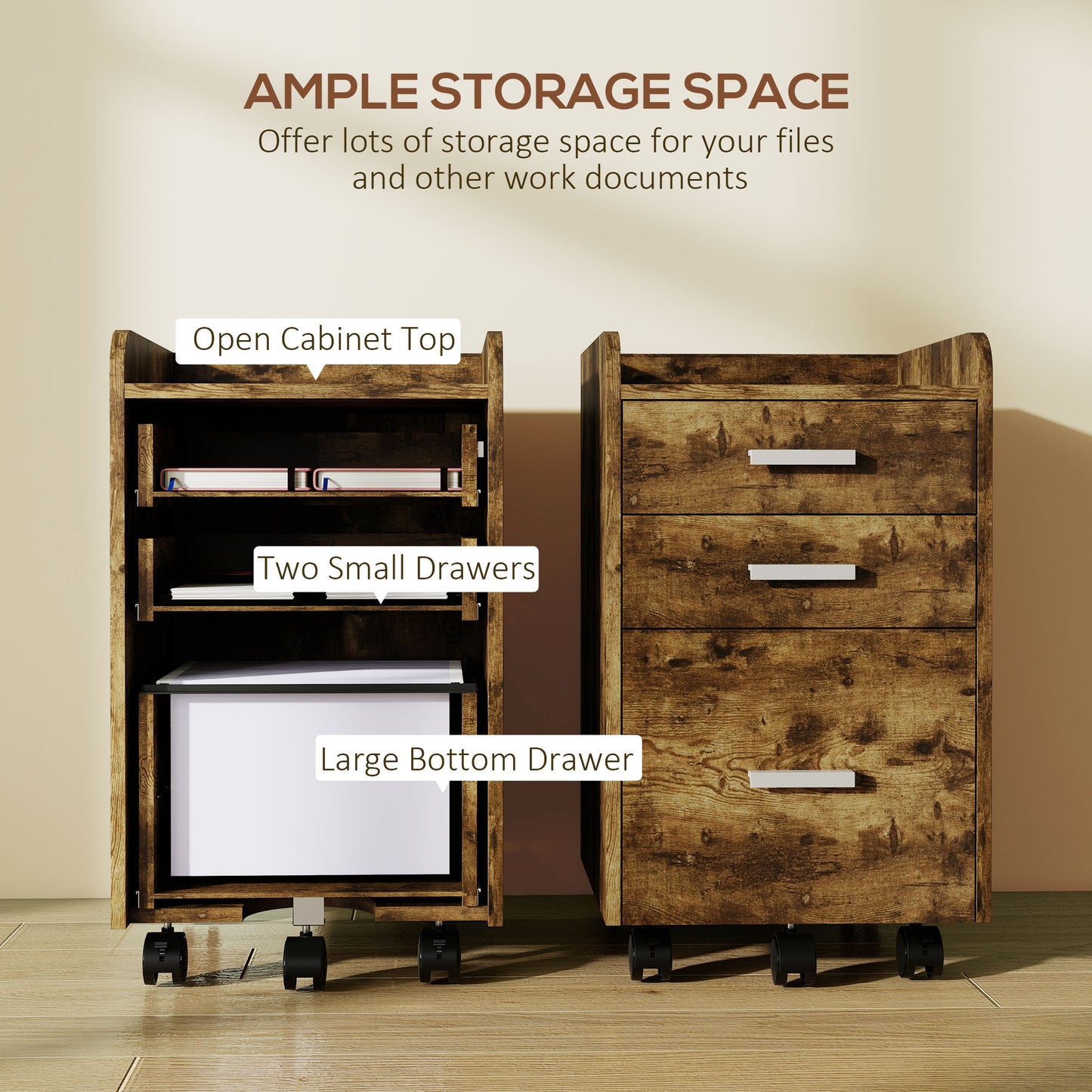 3 Drawer Filing Cabinet, Rolling File Cabinet with Edged Top for Letter, A4 Size, Hanging File Folders, Rustic Brown