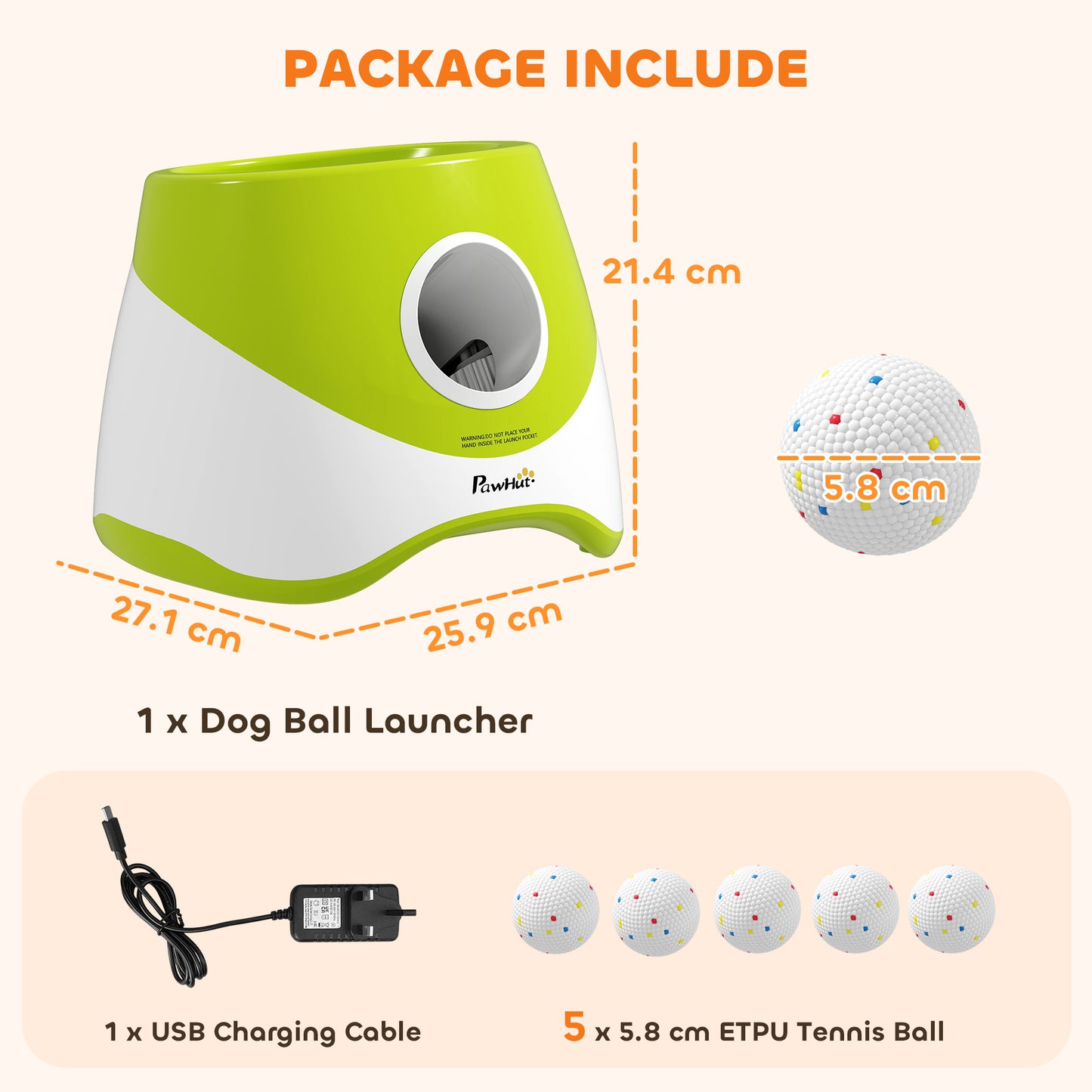 PawHut Automatic Dog Ball Launcher with 5 ETPU Tennis Balls 2.3", 3 Distance Settings 20/33/46ft, Green