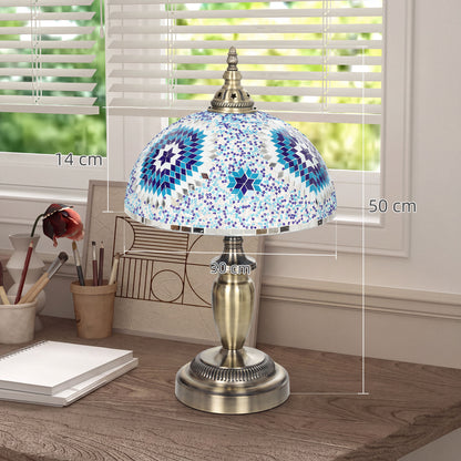 Tiffany-Style Stained Glass Bedside Table Lamp | Blue Coloured Glass Shade | Bronze-Tone Electroplated Frame | E27 Max 40W | Inline Switch | 1.5m Cable | 30x30x50cm | Blue