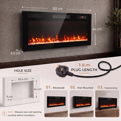 102cm Slim Electric Fireplace | 8.3cm Profile, Crystal Effect & 12 Flame Colours | 900/1800W, Remote, ECO & 7-Day Programme | Black