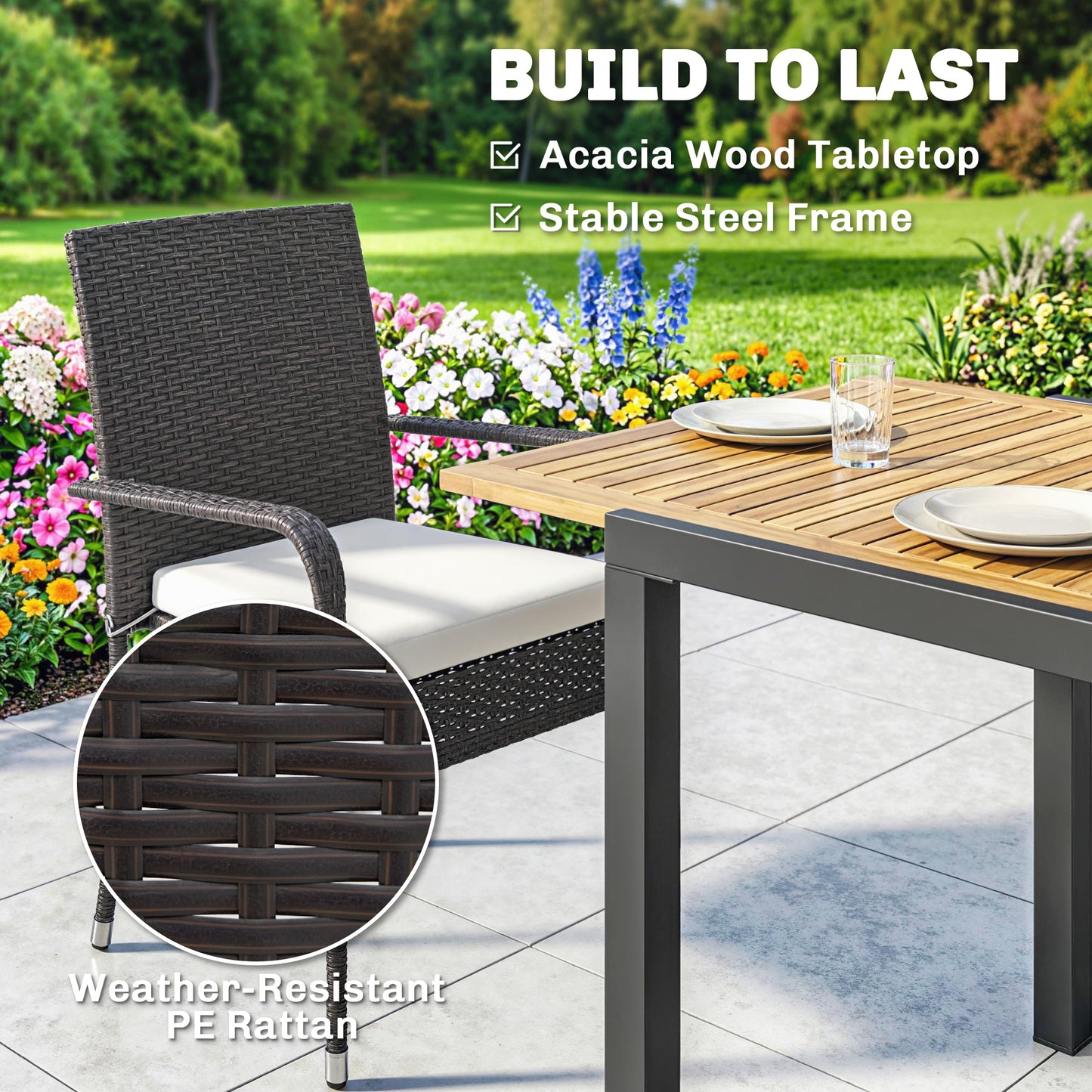 7-Piece Rattan Garden Furniture Set | 6 Seater | Extendable Acacia Wood Table 100-150cm | 6 Stackable High-Back Armchairs | Washable Cushion Covers | PE Rattan & Steel Frame | Cream