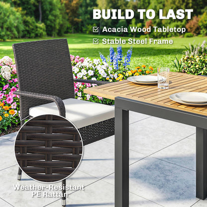 7-Piece Rattan Garden Furniture Set | 6 Seater | Extendable Acacia Wood Table 100-150cm | 6 Stackable High-Back Armchairs | Washable Cushion Covers | PE Rattan & Steel Frame | Cream