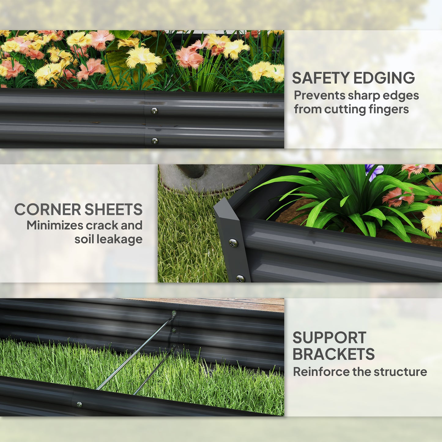 Large Galvanised Steel Raised Garden Bed | 459L | Open Bottom | Inner Support Bars | Powder-Coated Rust-Resistant | Easy Assembly | 180x90x30cm | Flowers Veg & Plants | Dark Grey