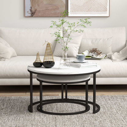 Industrial Nesting Coffee Table Set of 2, Round Coffee Tables, Living Room Table with Faux Marbled Top and Steel Frame
