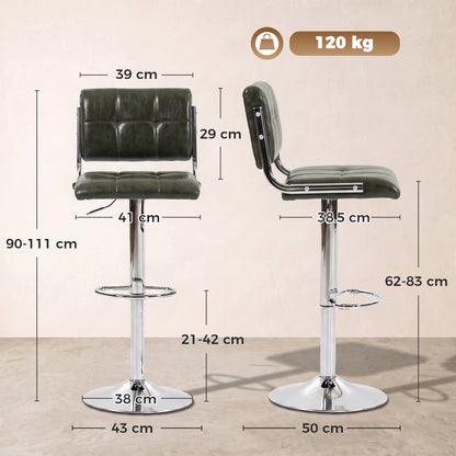 PU Leather Adjustable Bar Stools | Set of 2 | Square Tufted Backrest | Footrest | 62–83cm Height | Kitchen Island | Green
