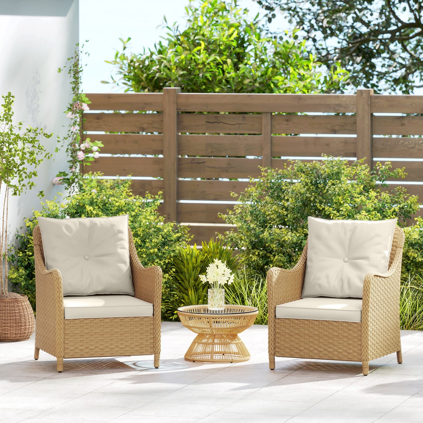 Outsunny Rattan Garden Chairs Set of 2, Outdoor Rattan Chairs with Cushions, Armrests and High Back, PE Wicker Garden Armchair with Steel Frame for Balcony, Porch