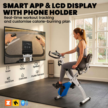 4-in-1 Folding Exercise Bike | Upright & Recumbent | Bluetooth App | 8-Level Magnetic Resistance | Resistance Bands | LCD Display | 120kg Capacity | Blue