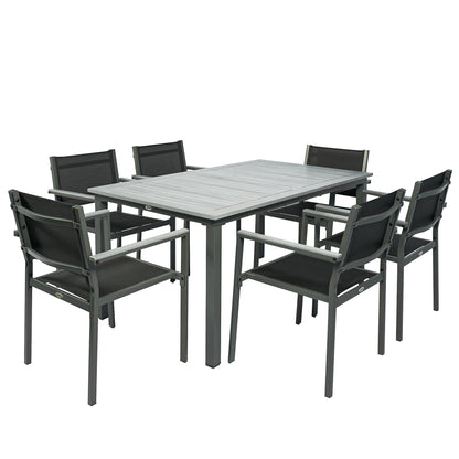 7-Piece Garden Dining Set | Slatted Acacia Wood Table | 6 Stackable Texteline Chairs | Wide Armrests | Powder-Coated Steel | Adjustable Foot Pads | 160kg Chair Capacity | 150x90x75cm | Grey