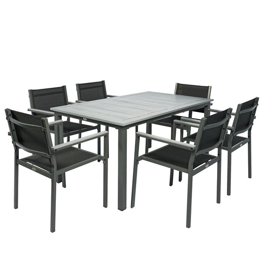 7-Piece Garden Dining Set | Slatted Acacia Wood Table | 6 Stackable Texteline Chairs | Wide Armrests | Powder-Coated Steel | Adjustable Foot Pads | 160kg Chair Capacity | 150x90x75cm | Grey