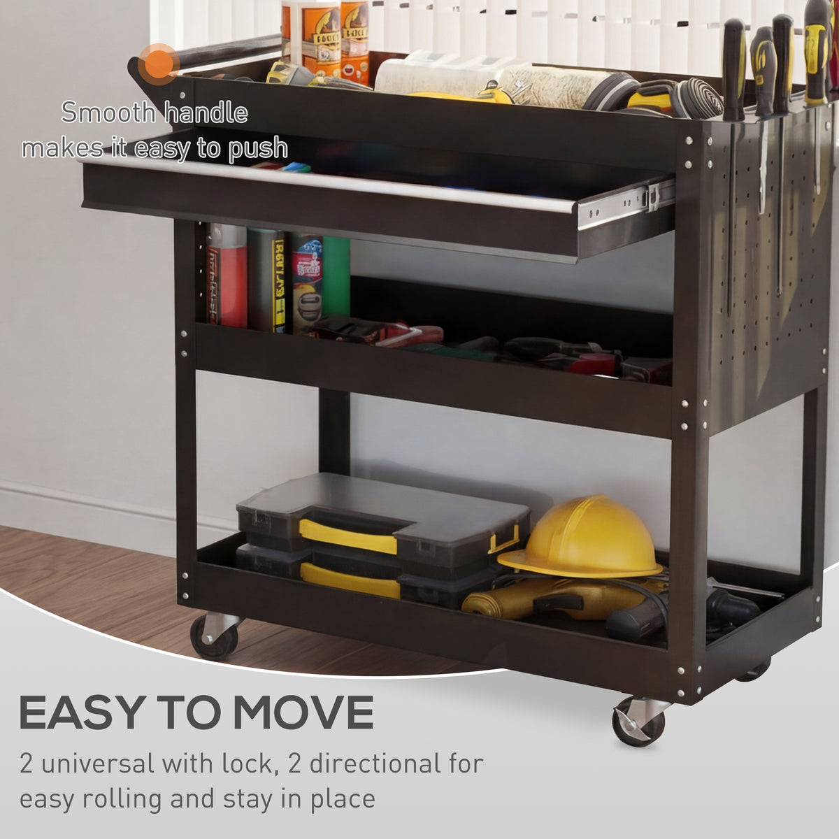 3-Tier Steel Tool Trolley Cart with Rolling Wheels & Brakes | 3 Storage Trays | Side Handle | 60kg Total Capacity | Scratch & Corrosion Resistant | 82x35x76cm | Garage Workshop | Assembly Required | Black