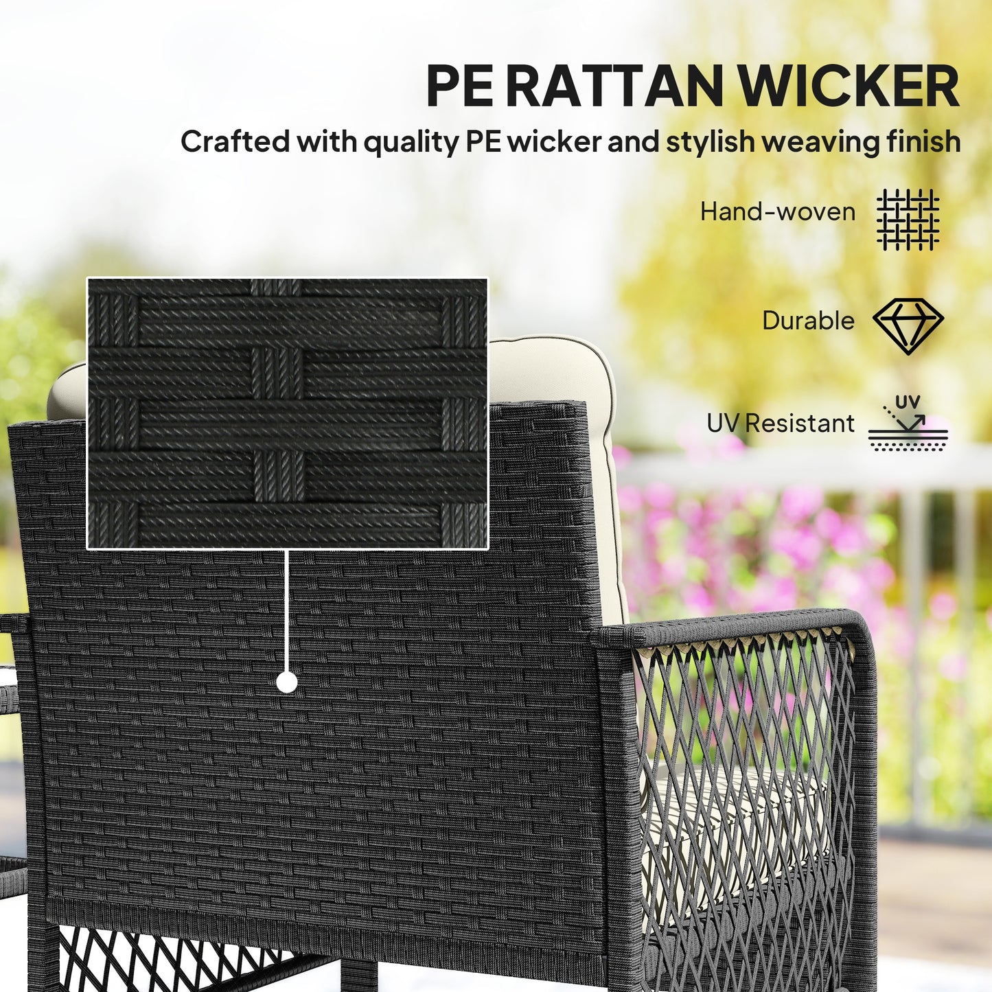 3 Piece Rattan Bistro Set | 2 Armchairs | Tempered Glass Coffee Table | 10cm Seat Cushions | Washable Covers | PE Wicker Metal Frame | 160kg | Cream