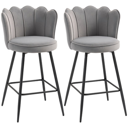 Set of Two Velvet-Feel Lotus Bar Stools - Dark Green / Grey