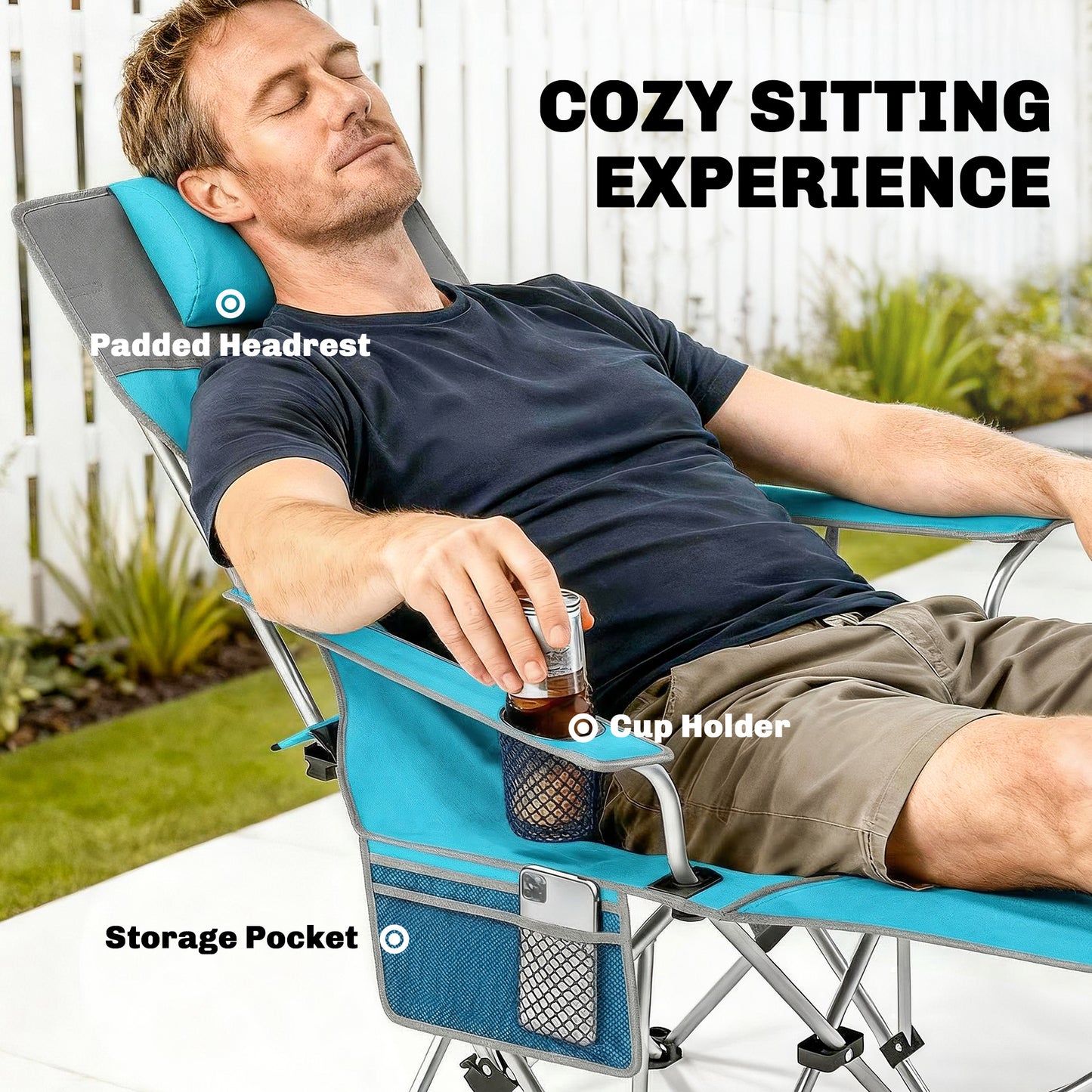 Outsunny Set of 2 Reclining Folding Camping Chairs – Detachable Footrest, Padded Headrest, Cup Holder, 600D Oxford, 120kg, Carry Bag – Blue & Grey