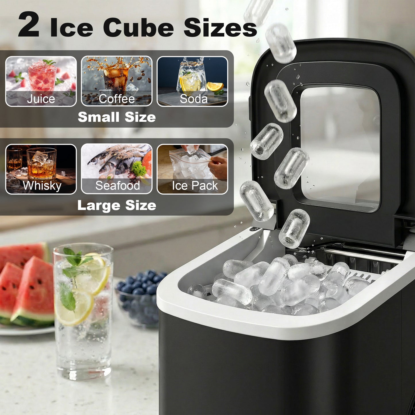 Countertop Ice Maker | 9 Cubes in 7 Mins | 12kg Daily | 2 Sizes | Self-Clean | Black