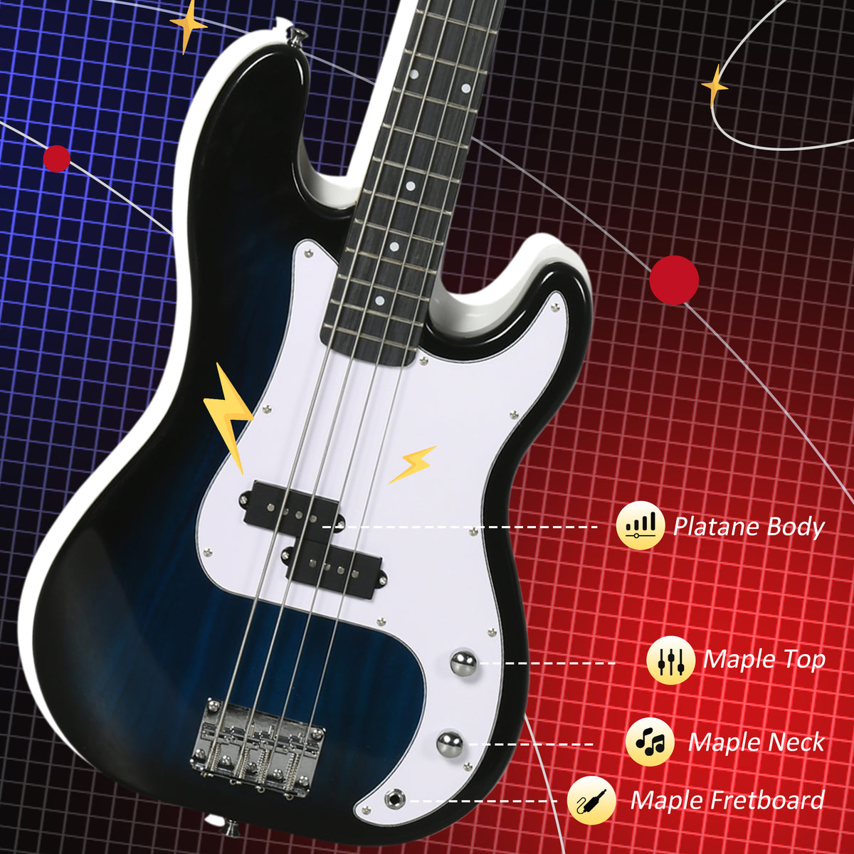 SPORTNOW 4-String Full-Size Electric Bass Guitar | Blue | 115x33x6cm | Maple Neck & Fretboard | Platane Body | Right-Hand | 15W Amp | Gig Bag | Strap | 3 Picks | 2.5m Cable | Beginner Set