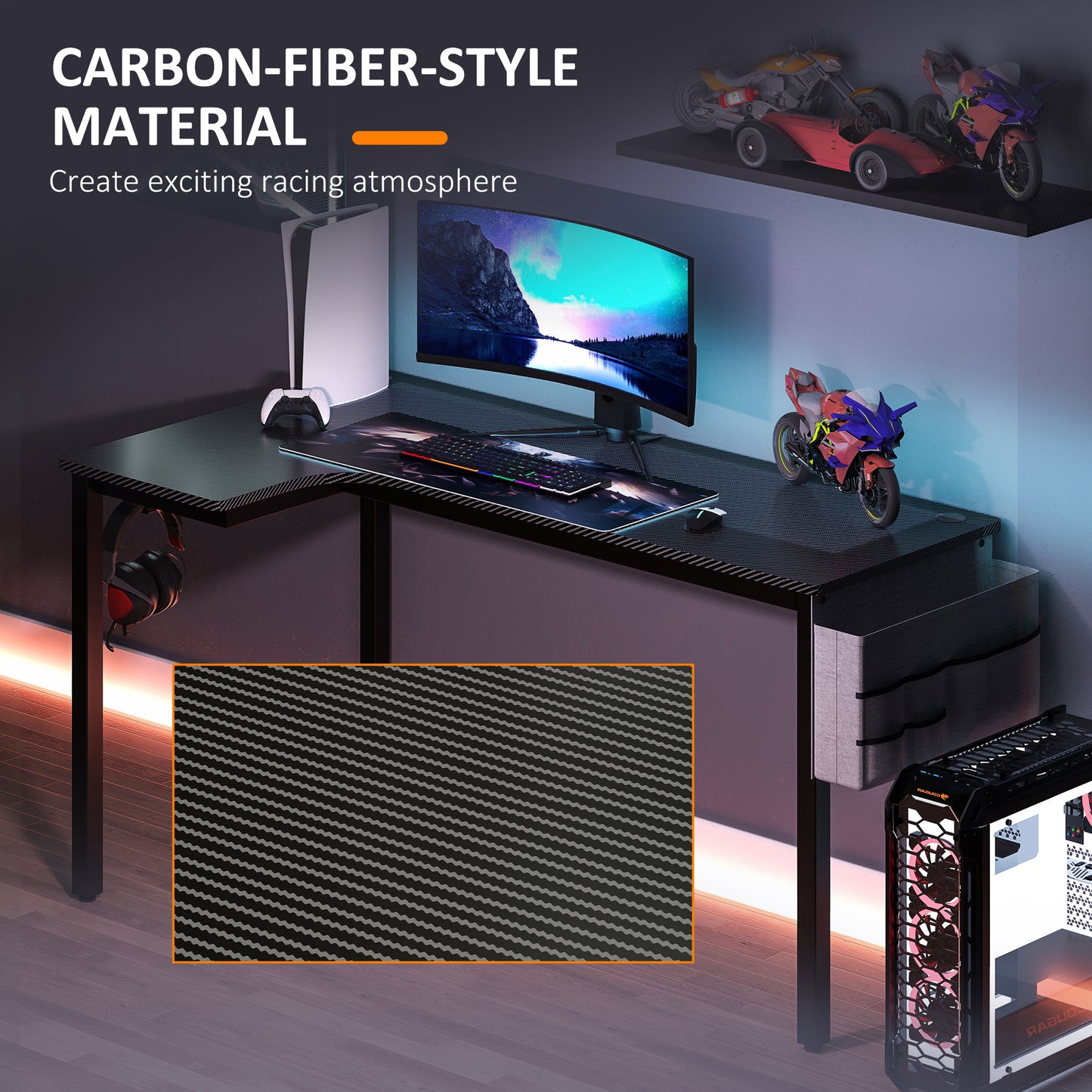 L-Shaped Computer Gaming Desk with Fabric Bag, Hooks and Cable Management, 145 x 81 x 76cm - Black