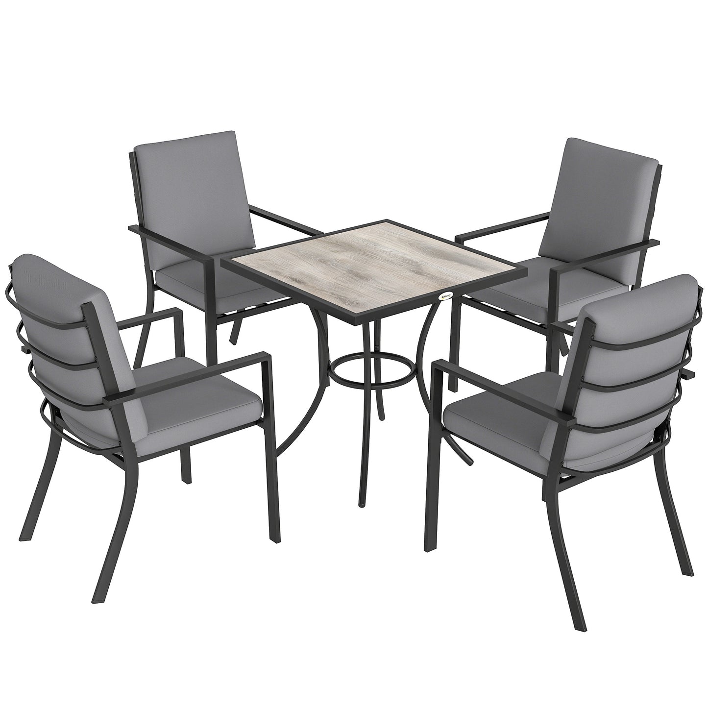 5-Piece Garden Dining Set | 80cm Square Table | 4 Stackable Armchairs | 8cm Seat & 15cm Back Cushions | Washable Covers | Powder-Coated Steel | 120kg Per Chair | Grey Wood Effect