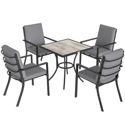5-Piece Garden Dining Set | 80cm Square Table | 4 Stackable Armchairs | 8cm Seat & 15cm Back Cushions | Washable Covers | Powder-Coated Steel | 120kg Per Chair | Grey Wood Effect