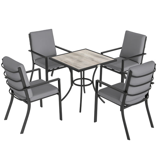 5-Piece Garden Dining Set | 80cm Square Table | 4 Stackable Armchairs | 8cm Seat & 15cm Back Cushions | Washable Covers | Powder-Coated Steel | 120kg Per Chair | Grey Wood Effect