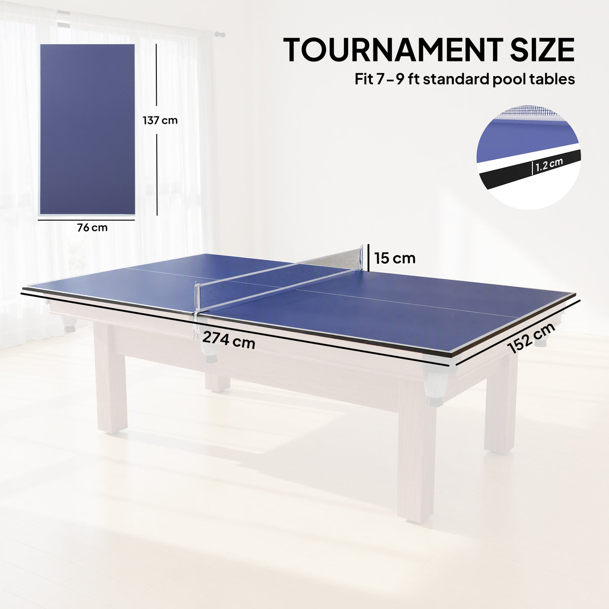 9ft Folding Ping Pong Table Top | Regulation 274x152cm | UV-Coated MDF | Four-Fold Design | Foam Pads | Net Storage Bag | Fits 7-9ft Billiard Tables | Folds to 137x76x5cm | 30kg | Blue