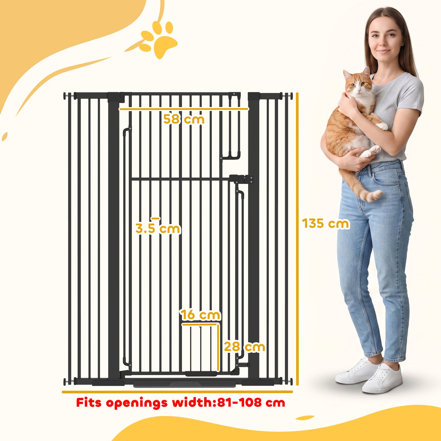 135cm Extra Tall Dog Gate with Cat Door | Pressure Mounted | Fits 81–108cm | No Drilling | Lift-Lock | Steel | Black