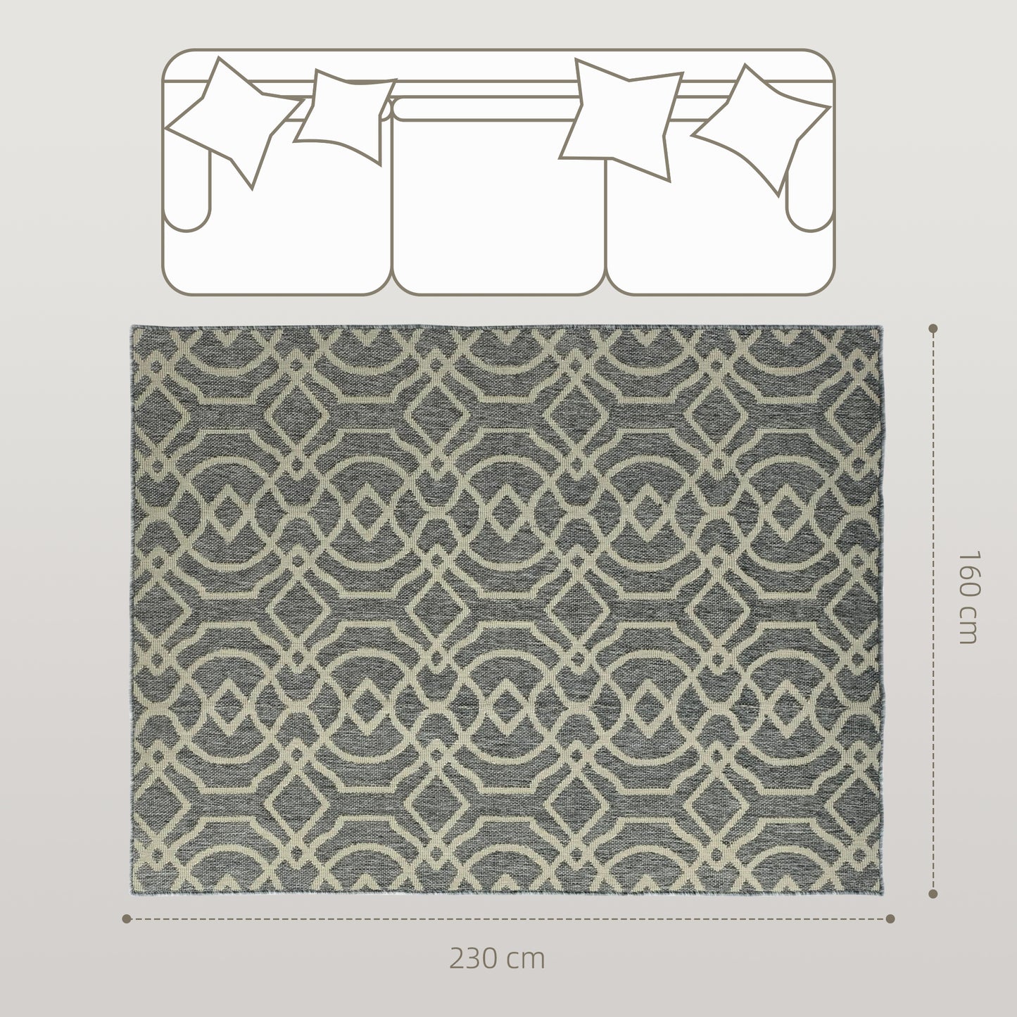 UV Resistant Indoor & Outdoor Area Rug, Easy-Cleaning Machine Washable Rug with Geometric Pattern for Patio, Garden, Kitchen, Bathroom or Living Room, 230 x 160 cm, Grey