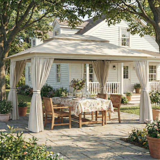 4x3m Permanent Garden Gazebo & Pavilion | UPF50+ | Privacy Curtains | Mesh Netting | Drainage | Metal Frame | Beige