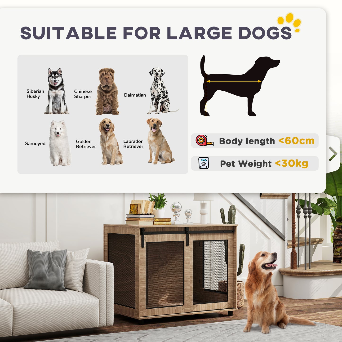 Dog Crate Furniture Side Table | Barn Door & Side Door | 3-Sided Ventilation | Large Dogs up to 30kg | 98 x 60 x 78cm | Walnut Brown