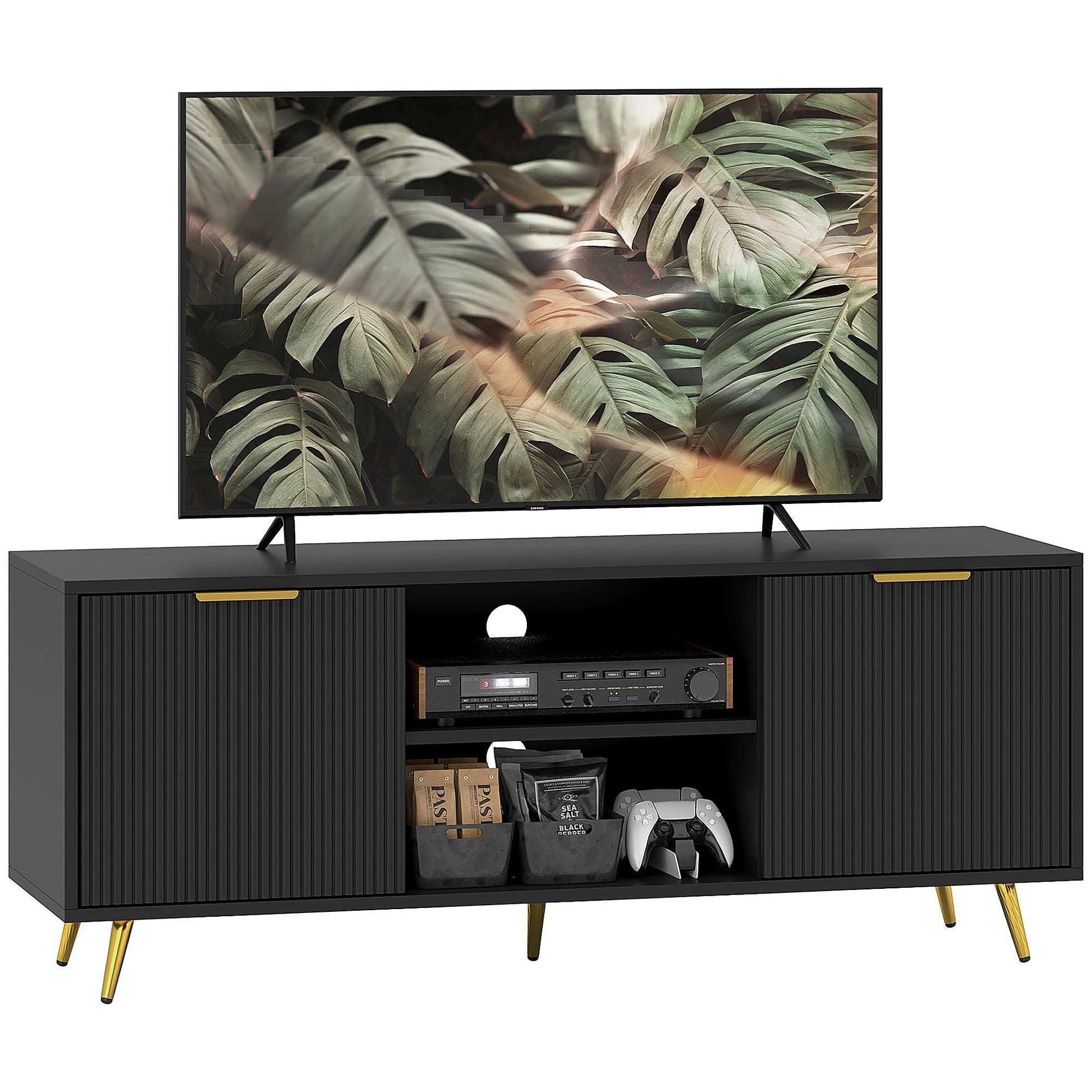 Modern TV Stand Cabinet for TVs up to 55", TV Unit with 2 Open Shelves and 2 Cabinets, w/ Cable Management for Living Room, Black