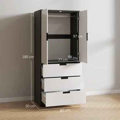 2 Door Wardrobe, Modern Wardrobe with 3 Drawers and Hanging Rod for Bedroom, High Gloss White