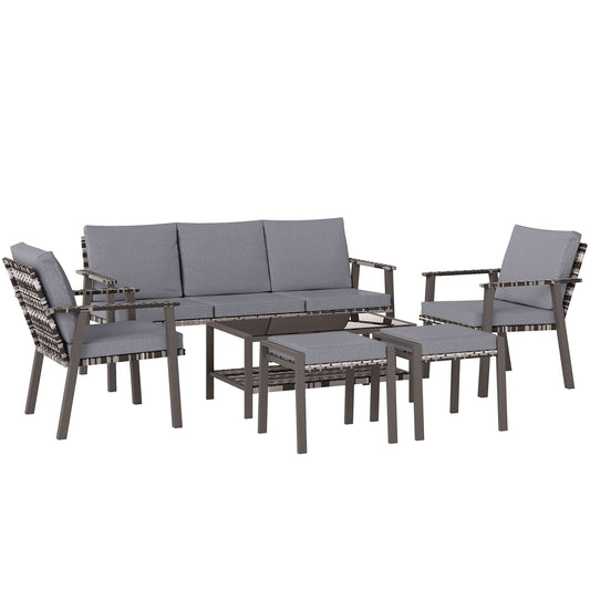 Outsunny 5 Piece Rattan Garden Furniture Set with 3-Seater Sofa 2 Chairs and 2 Footstools - Grey