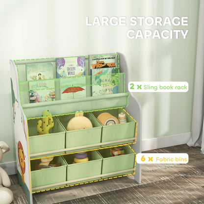 Kids Storage Unit with 6 Fabric Drawers & 2-Tier Sling Book Rack – Star Pattern, Rounded Corners, EN71 Tested, For Bedroom, Playroom & Nursery – Green
