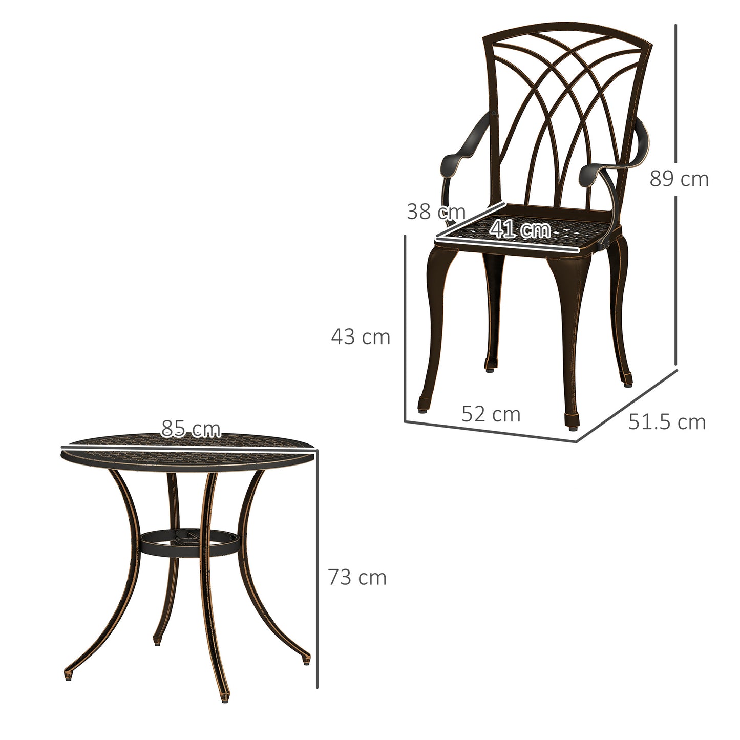 5 Piece Cast Aluminium Garden Dining Set | 4 Armchairs | Round Table Dia 85cm | 50mm Parasol Hole | Adjustable Feet | 160kg | Bronze Tone