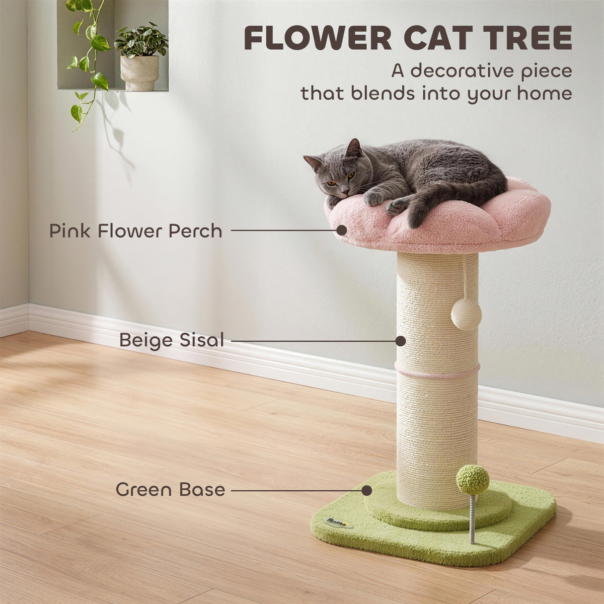 Pink & Green Compact Cat Tree | 59 cm Indoor Scratching Post with Flower Perch, Teddy Plush Bed & Spring Toys | For Cats Up to 5 kg