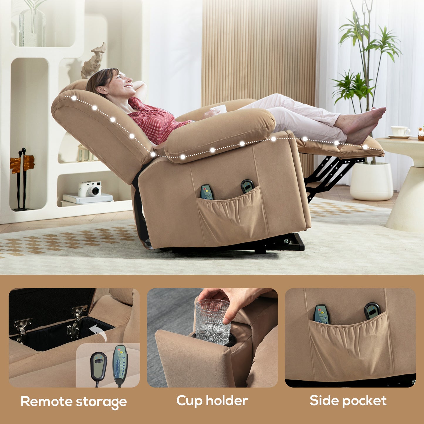 Power Lift Recliner Chair with Vibration Massage and Heat, Electric Lift Chair, Overstuffed Fabric Riser and Reclining Armchair - Light Brown