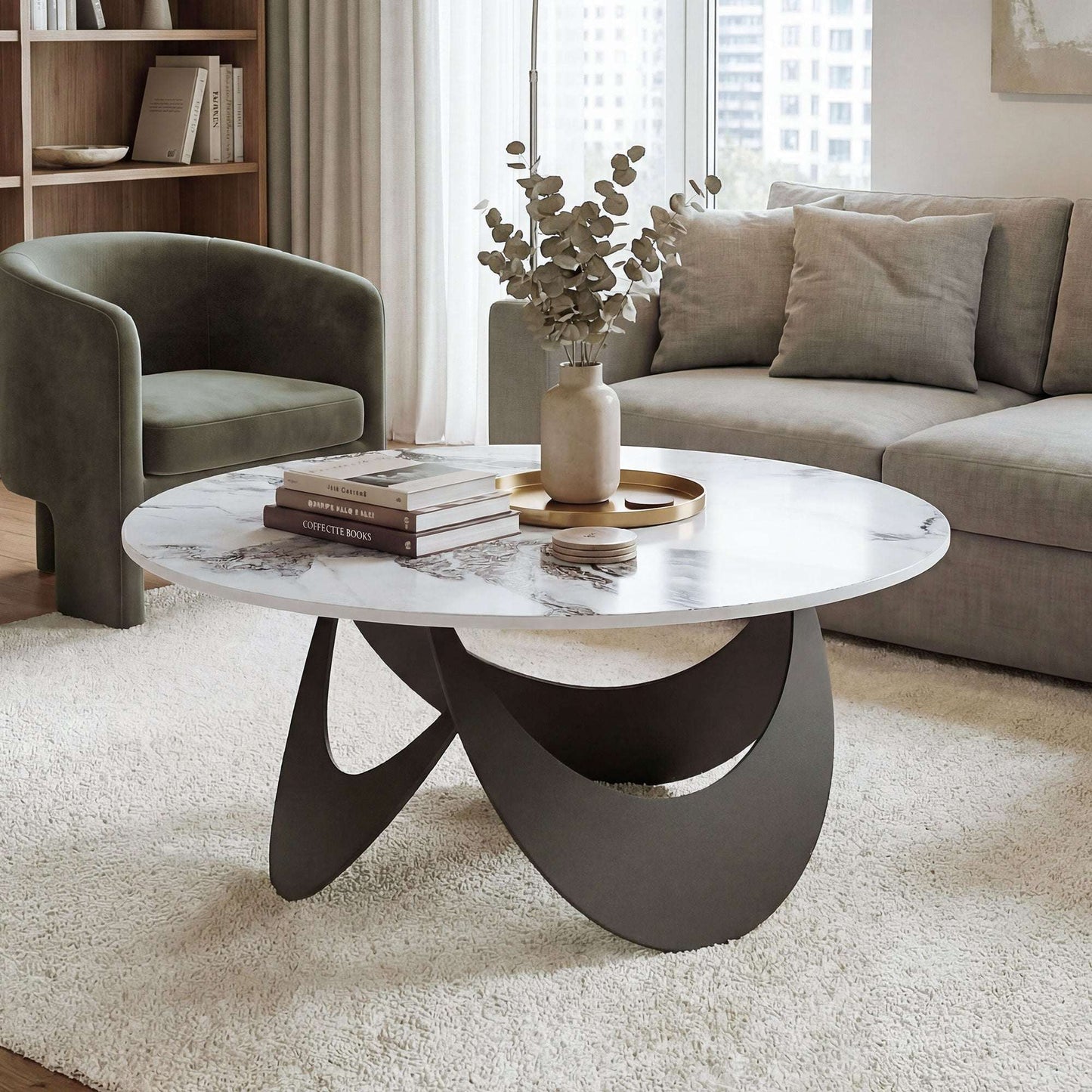 Sintered Stone Coffee Table | 80x80x40cm | Heat-Resistant | Impermeable | Welded Metal Frame | Adjustable Feet | White & Black