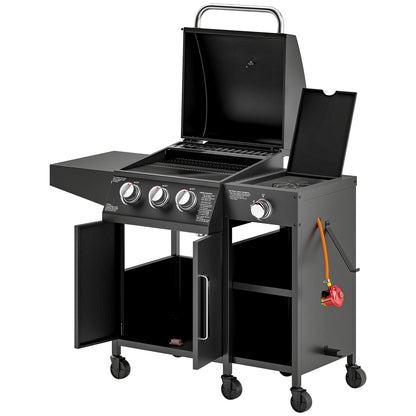 3+1 Burner Gas BBQ Grill with Storage Cabinet and Shelves, 11.6 kW Gas Barbecue Trolley with 6 Castor Wheels, Warming Rack, Thermometer