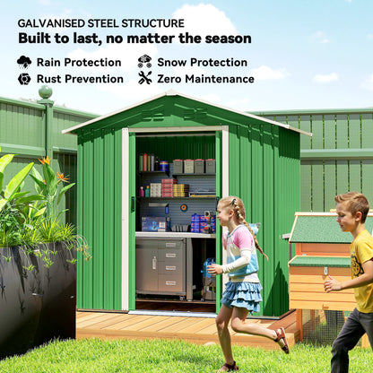 Galvanised Steel Garden Storage Shed | Double Sliding Lockable Door | 4 Vents | Sloped Roof | Steel Tile Roof & Walls | 194x107x191cm | 1.8m² | Green