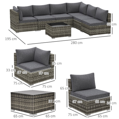 7 Pieces Outdoor PE Rattan Corner Sofa Set, Patio Wicker Conversation Chaise Lounge Furniture w/ Tempered Glass Table-top & Soft Padded Cushion, Dark Grey