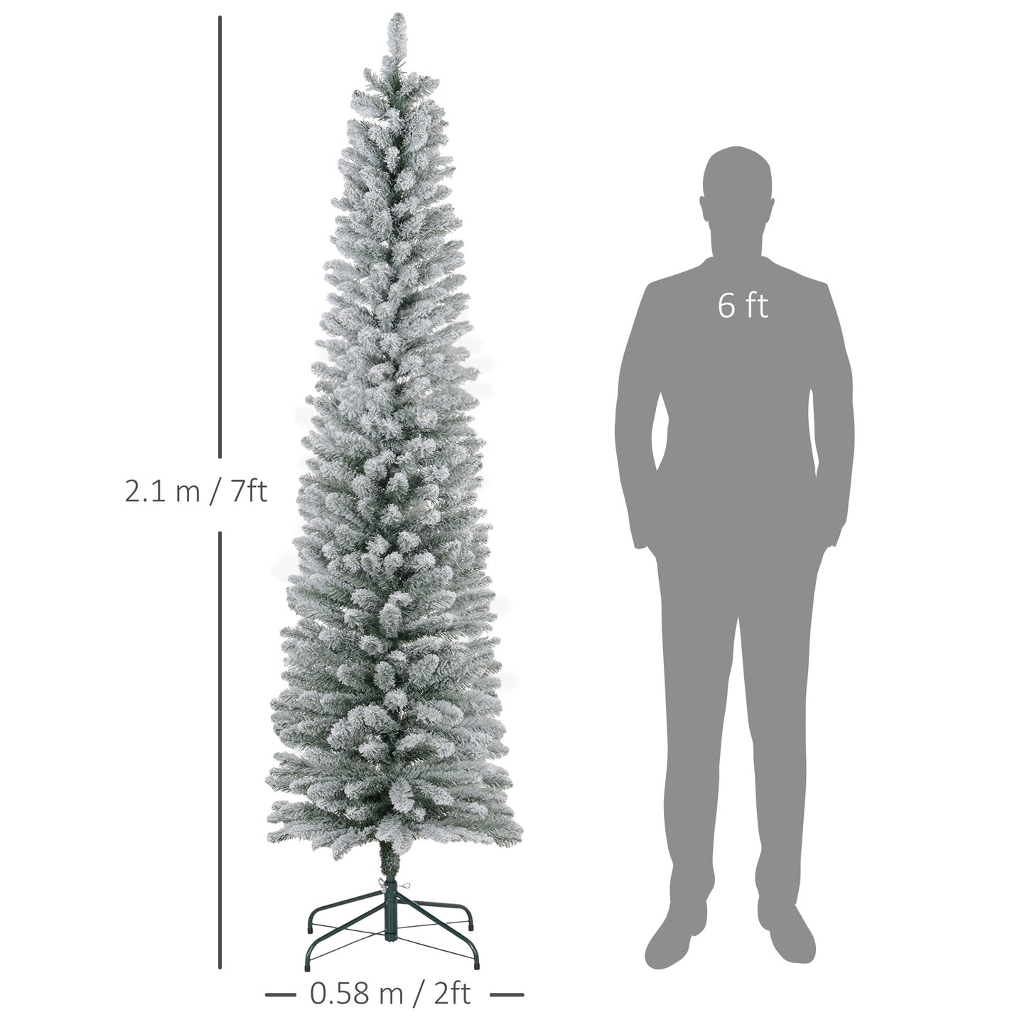 7ft Artificial Pencil Christmas Tree with 405 Snow Flocked Tips, Metal Base, Realistic Xmas Tree