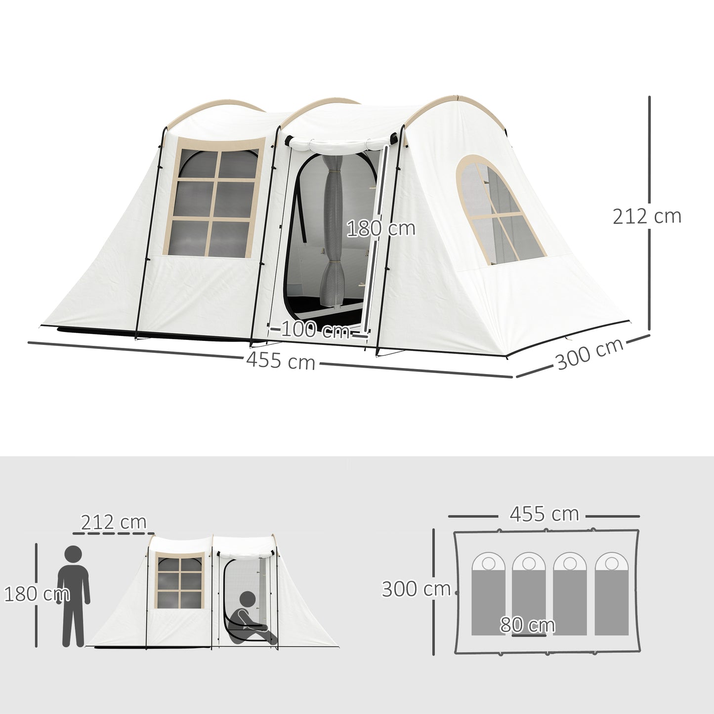 3-4 Man Tunnel Tent, Family Camping Tent with Porch, Bedroom and Living Area, Sewn in Groundsheet, 3000mm Waterproof, Portable with Bag - Khaki