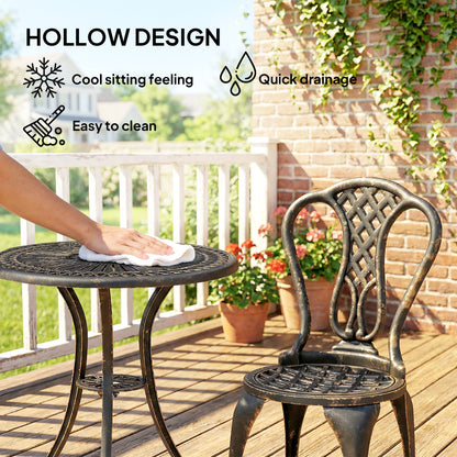 3 Piece Cast Aluminium Garden Bistro Set | Round Table Dia 63cm | Umbrella Hole | 2 Chairs | Rust Proof | Vintage Design | 120kg | Bronze Tone