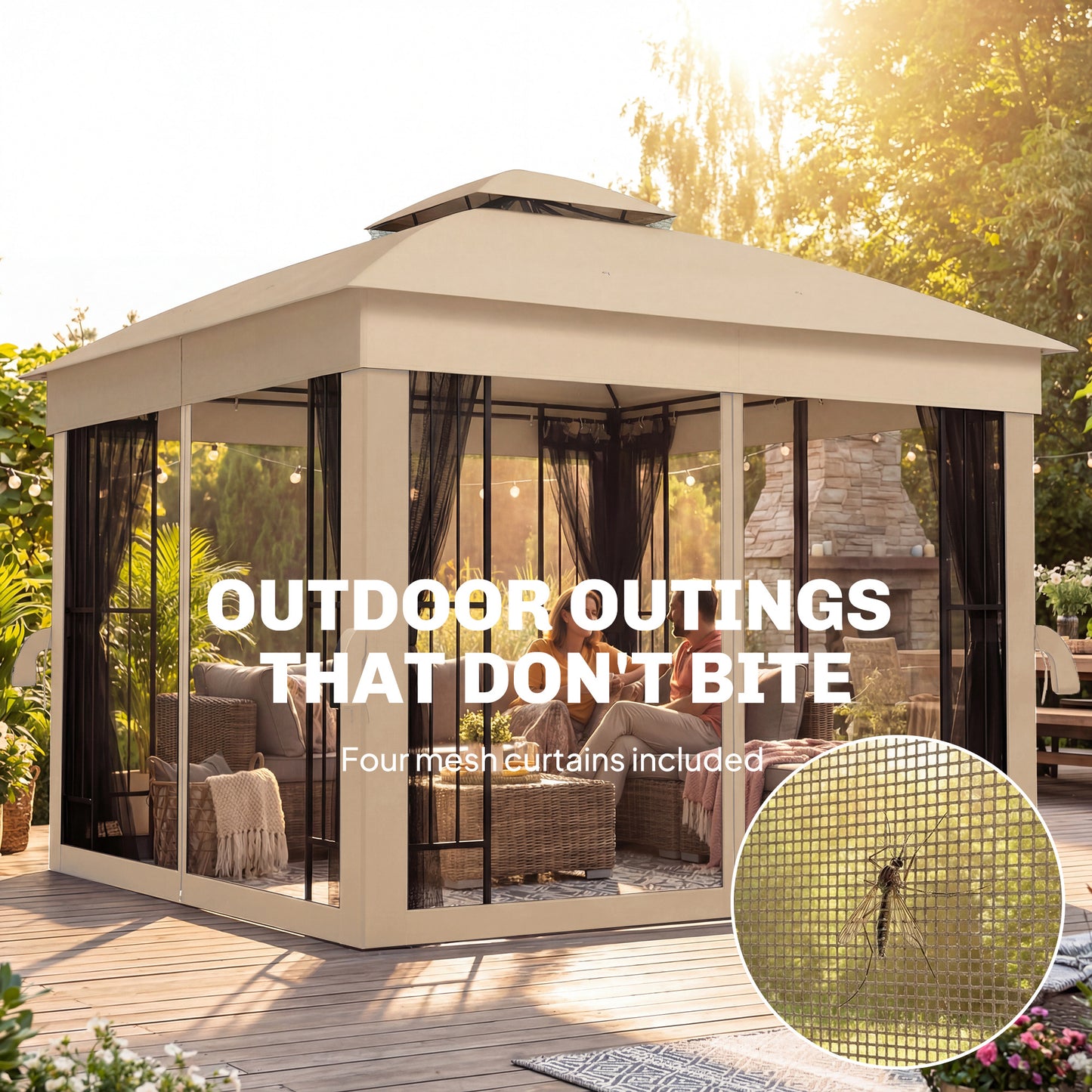 3x3m Permanent Garden Gazebo | Double-Tier UPF50+ Roof | Mesh Panels | Integrated Corner Shelves | Triangular Powder-Coated Posts | Adjustable Struts | Ground Stakes | Brown