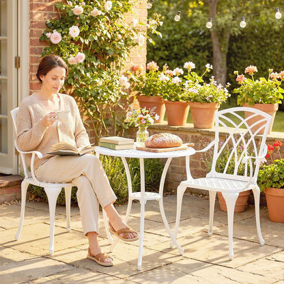 3 Piece Cast Aluminium Garden Bistro Set | Round Table Dia 61cm | Parasol Hole | 2 Chairs | Cut-Out Back Design | Adjustable Feet | 120kg | White