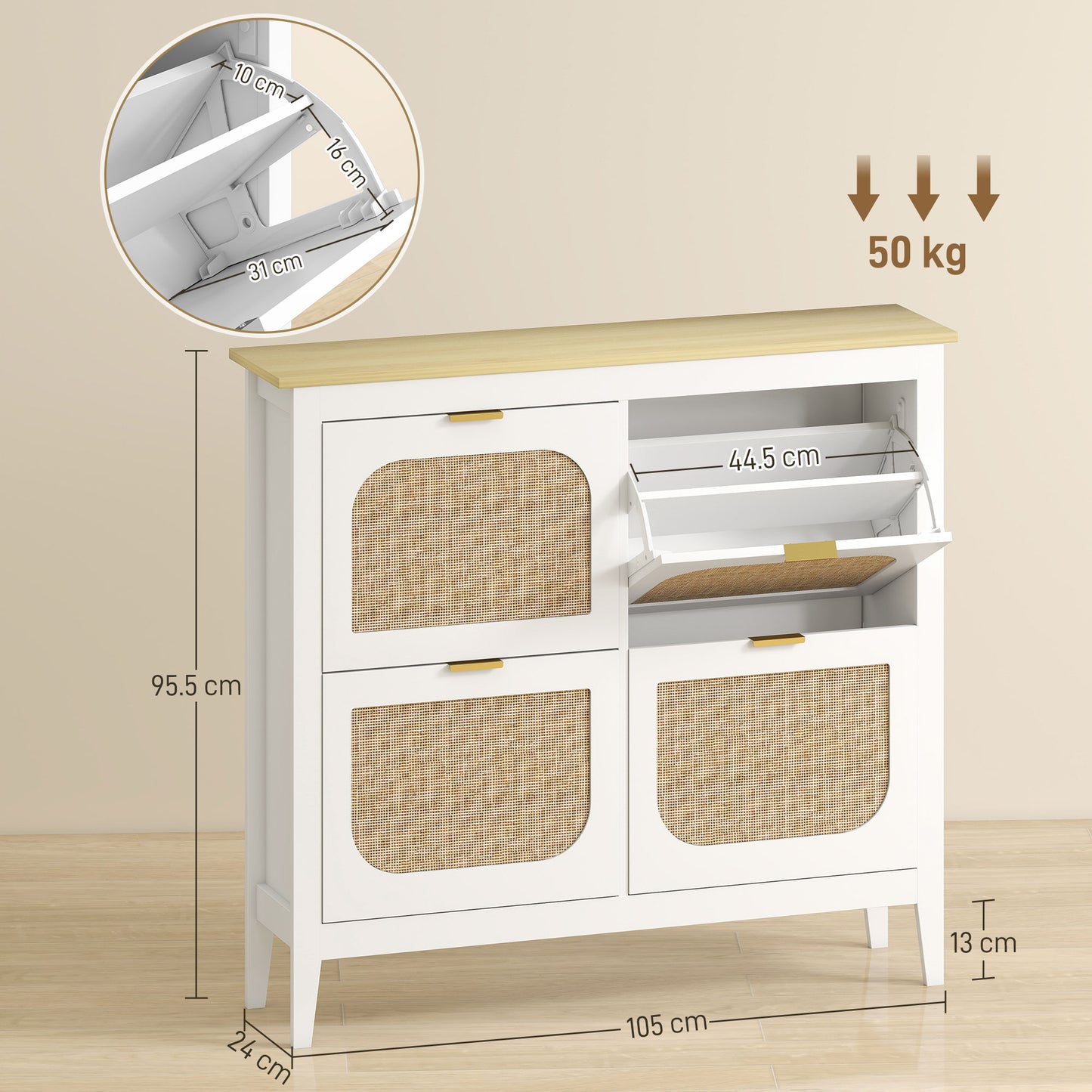 Slim Boho Shoe Cabinet | 4 Flip Drawers | Rattan Doors | Oak-Effect Top | 20 Pairs Up to UK Size 7 | Anti-Tip | 105x24x95.5cm | 50kg | White