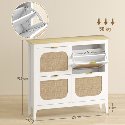Slim Boho Shoe Cabinet | 4 Flip Drawers | Rattan Doors | Oak-Effect Top | 20 Pairs Up to UK Size 7 | Anti-Tip | 105x24x95.5cm | 50kg | White