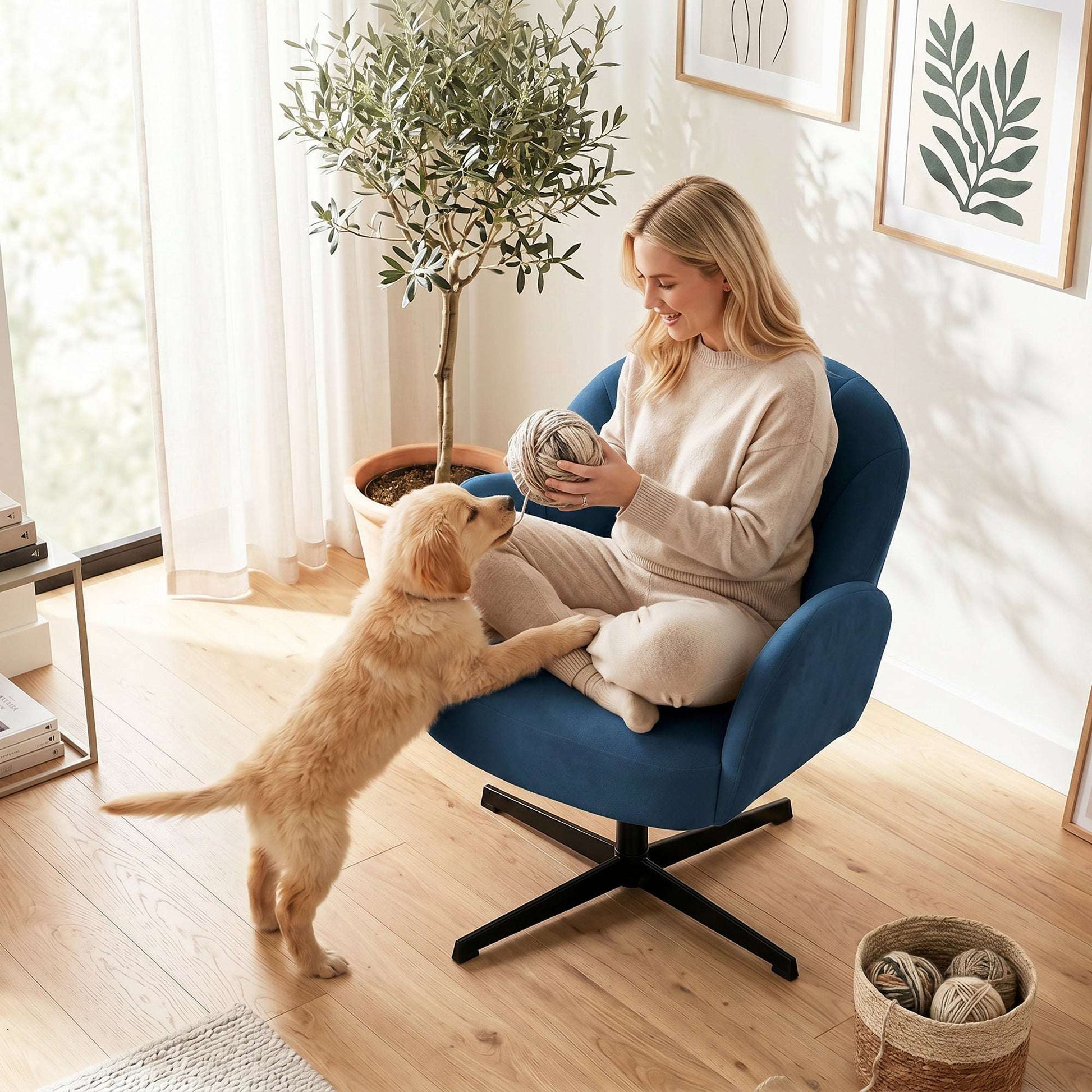 Shell-Shaped Swivel Accent Chair | 360° Swivel | 11cm Spring-Packed Seat | Velvet-Feel Fabric | Metal Base | Plastic Floor Pads | 120kg | 64.5x68x80cm | Dark Blue